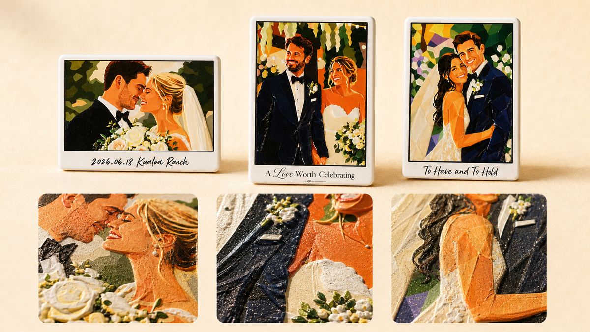 Wedding photo magnets and close-up textured details