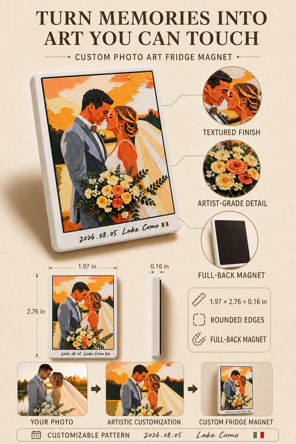 Custom photo art fridge magnet with dimensions and product details